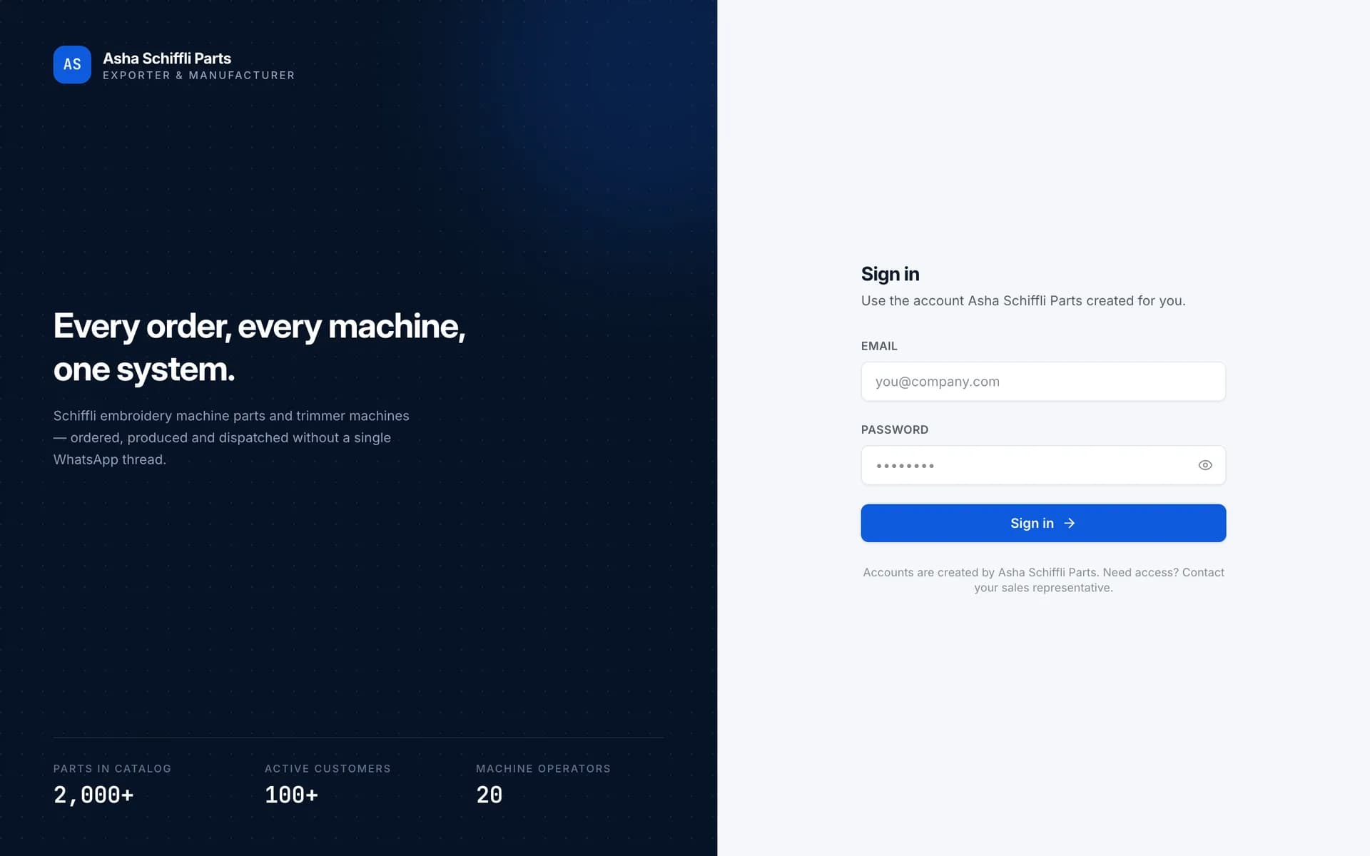 Asha Schiffli Parts sign-in screen — 'Every order, every machine, one system.' beside the catalogue, customer and operator counts.