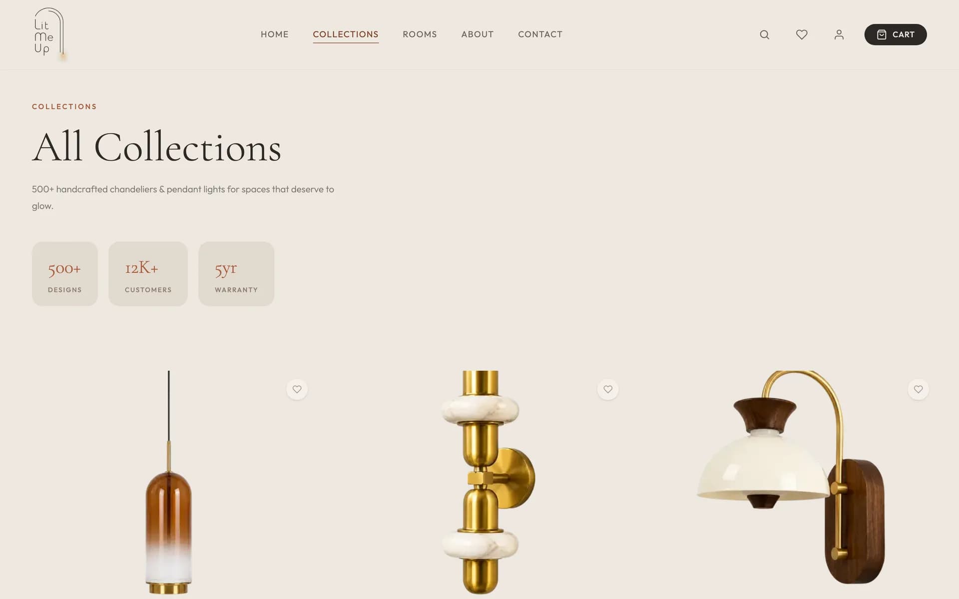 LitMeUp collections index with 500+ designs, 12K+ customers and 5yr warranty called out above the product grid.